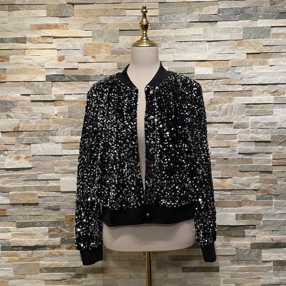 Nanette Lepore Black Sequin Bomber Jacket Sz S | Evening Date Party Blazer NWOT